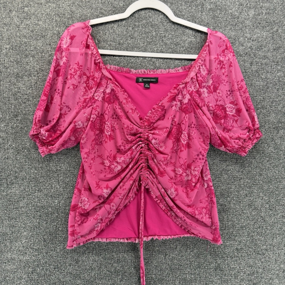 Womens Y2K Top Size PL Pink Mesh V-Neck Crop Fairycore Boho Cottage Festival